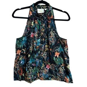 Maeve Tropical Floral Cotton Colorful High Neck Sleeveless Button Down Blouse S